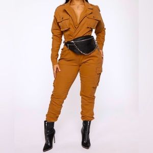 Denim Cargo Jumpsuit- Khaki